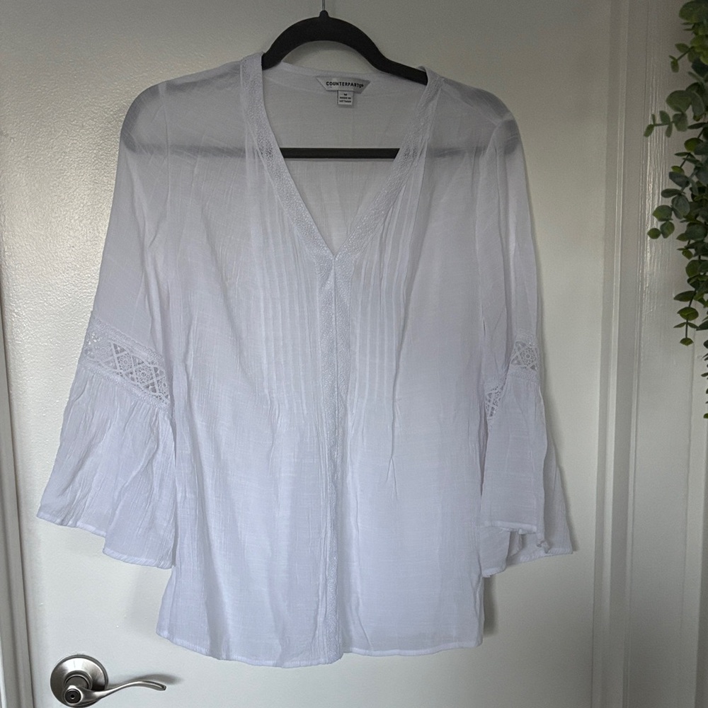 Counterparts White V-Neck Blouse with Lace Detail